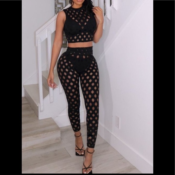 2Pc Sexy Blue Unique Hollow-out Crop Top Elastic Waist & Matching Legging Outfit - Picture 1 of 4